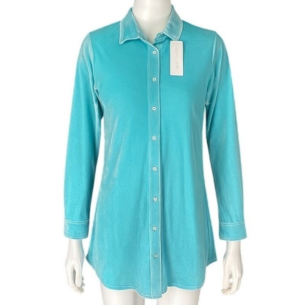 Soft Surroundings Velvet Boyfriend Tunic Shirt Porcelain Blue Velour S Womens